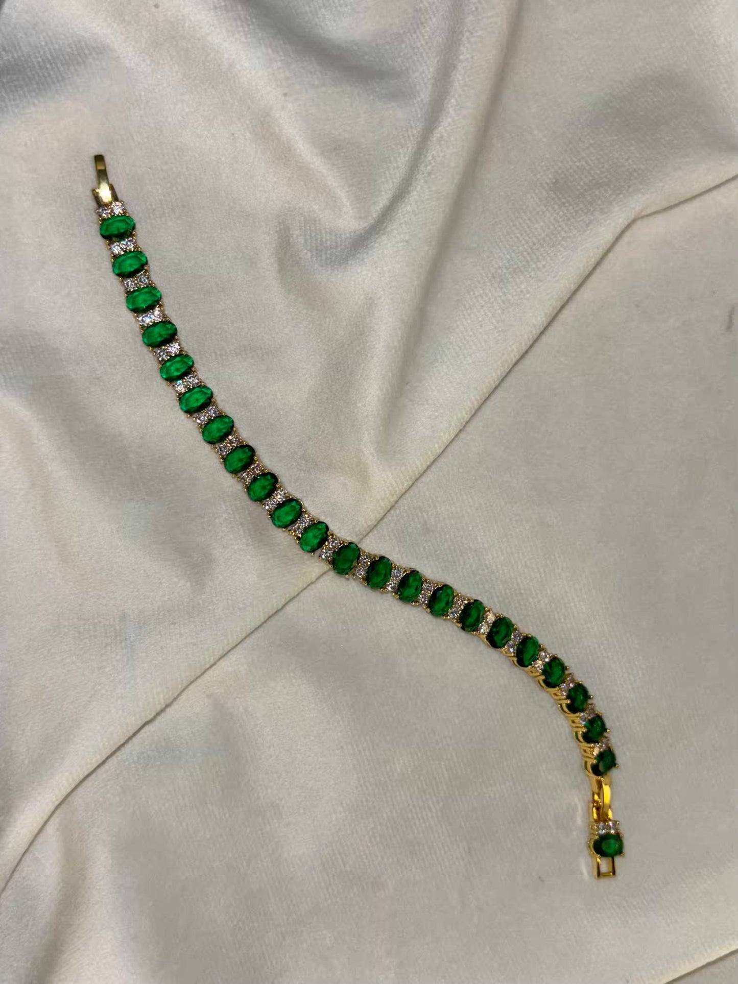 Green Emerald Tennis Bracelet with Loaded Diamonds - Gold Plated