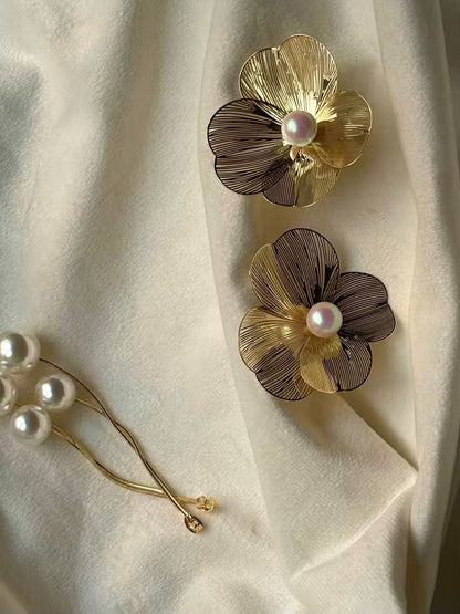 Flower Pearl Wire Earrings Studs - Gold Plated