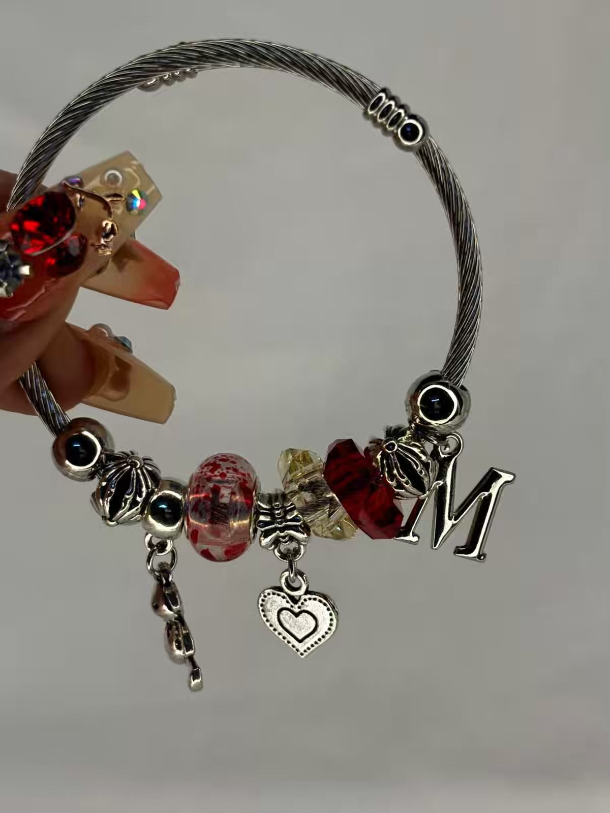 Charms Heart Bracelet With Customised Initial  ( Silver )