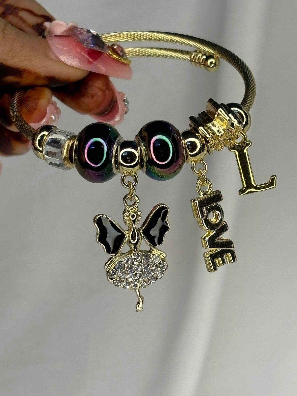 Charms Black Fairy Bracelet With Customised Initial ( Gold )