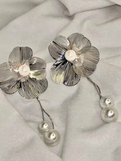 Wired Flower Fresh Pearls Earrings Studs - Silver Plated