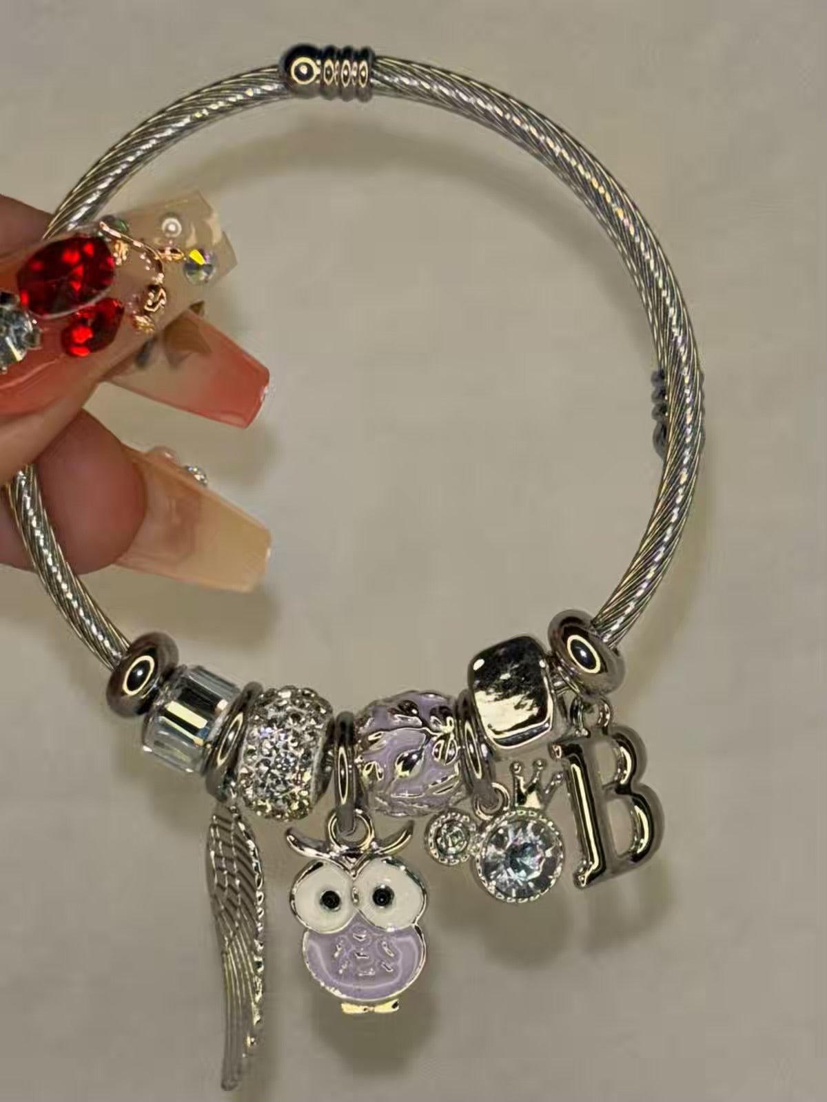 Charms Purple Owl Bracelet With Customised Initial  ( Silver )