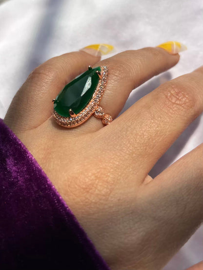 Long Drop Green Emerald Royal Solitaire Ring ( Rose Gold ) - Adjustable