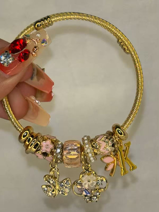 Charms Pink Flower Bracelet With Customised Initial  ( Gold )