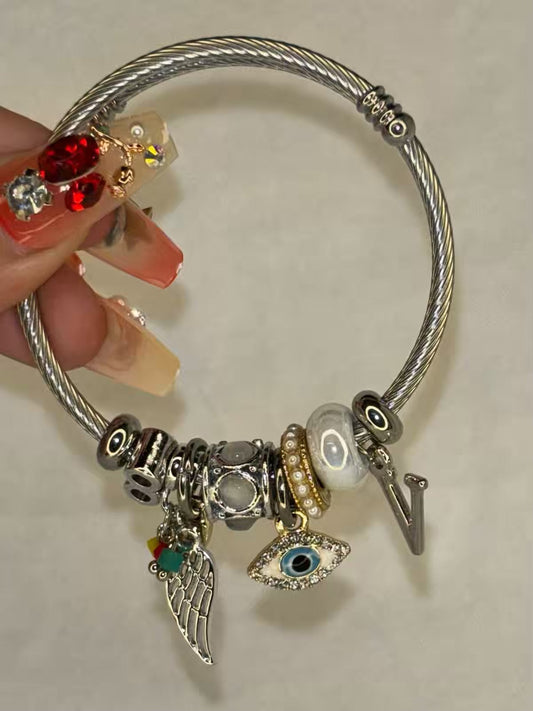 Charms White Evil Eye Bracelet With Customised Initial  ( Silver )