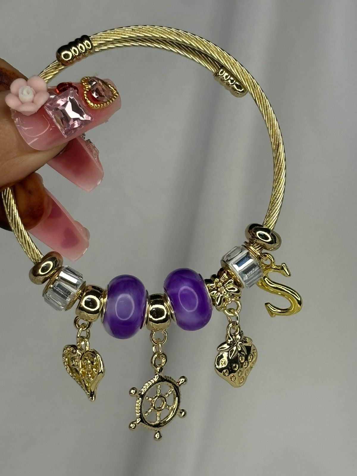 Charms Purple Charms Bracelet With Customised Initial (Gold)