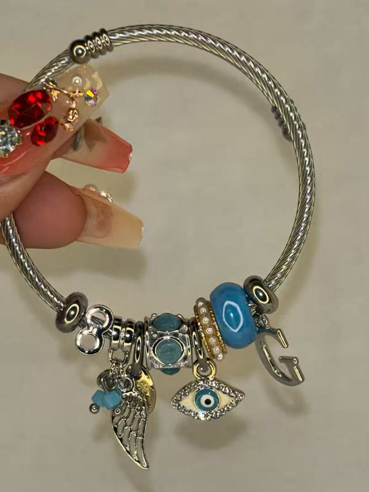 Charms Blue Evil Eye Bracelet With Customised Initial  ( Silver )