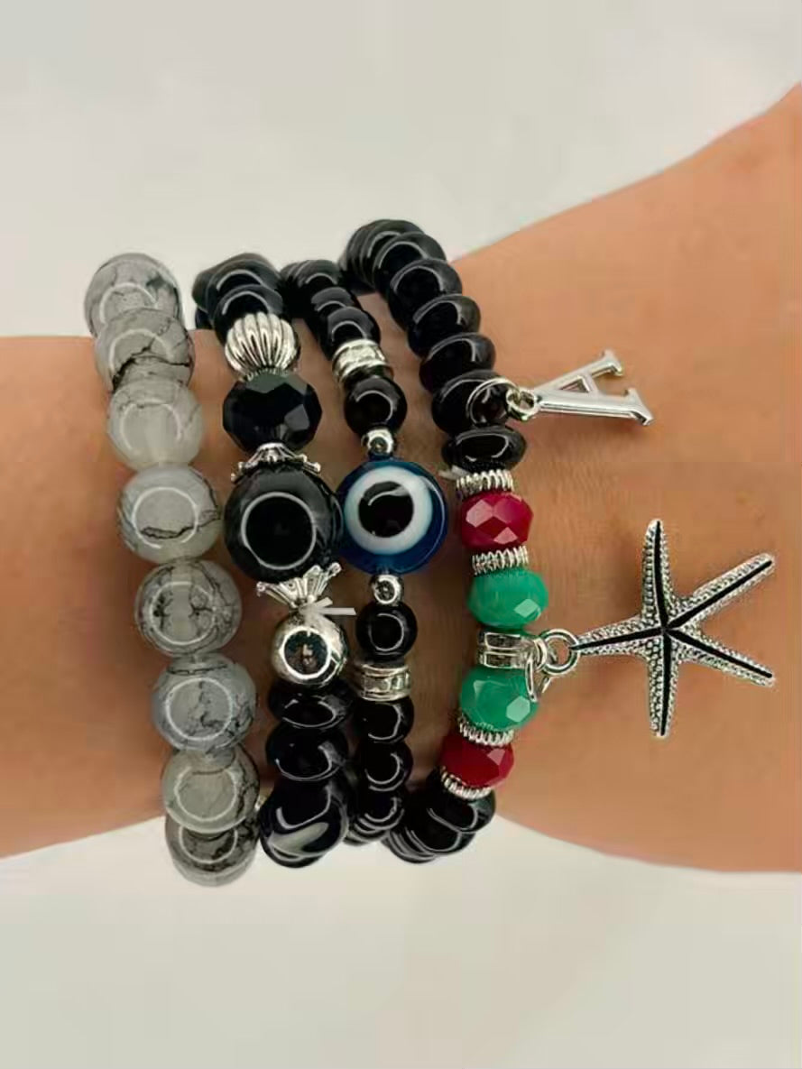 Black Evil Eye Beaded Stretchable Bracelet With Initial Unisex