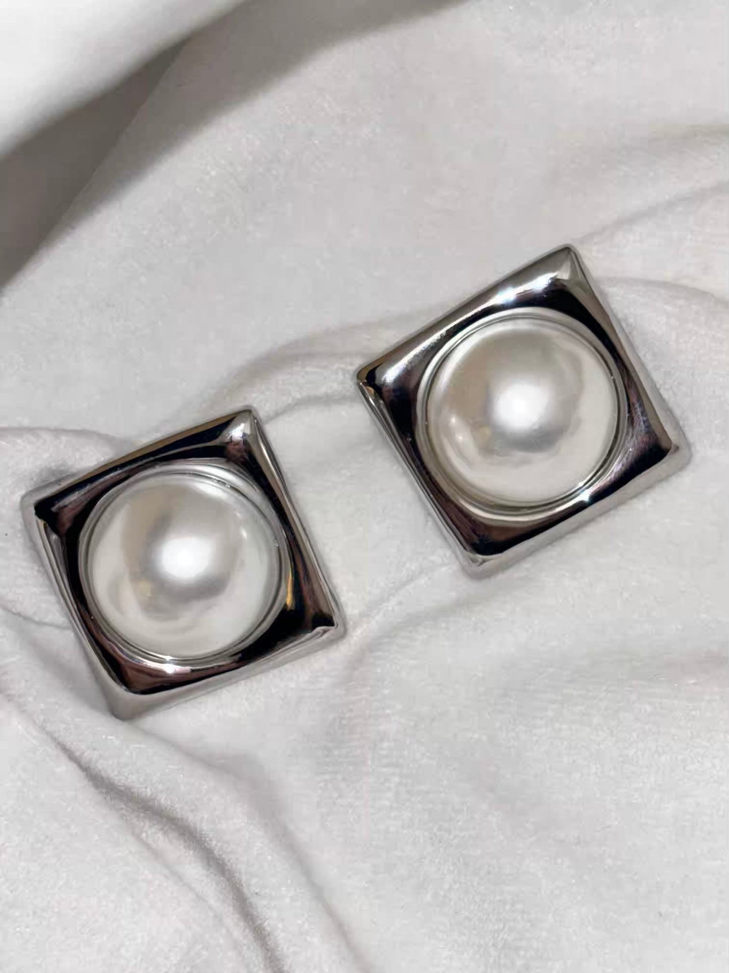 Silver Box Pearl Earrings Studs - Silver Plated