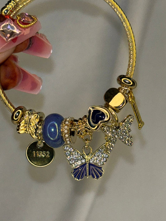 Style Blue Butterfly Charms Bracelet With Customised Initial ( Gold )