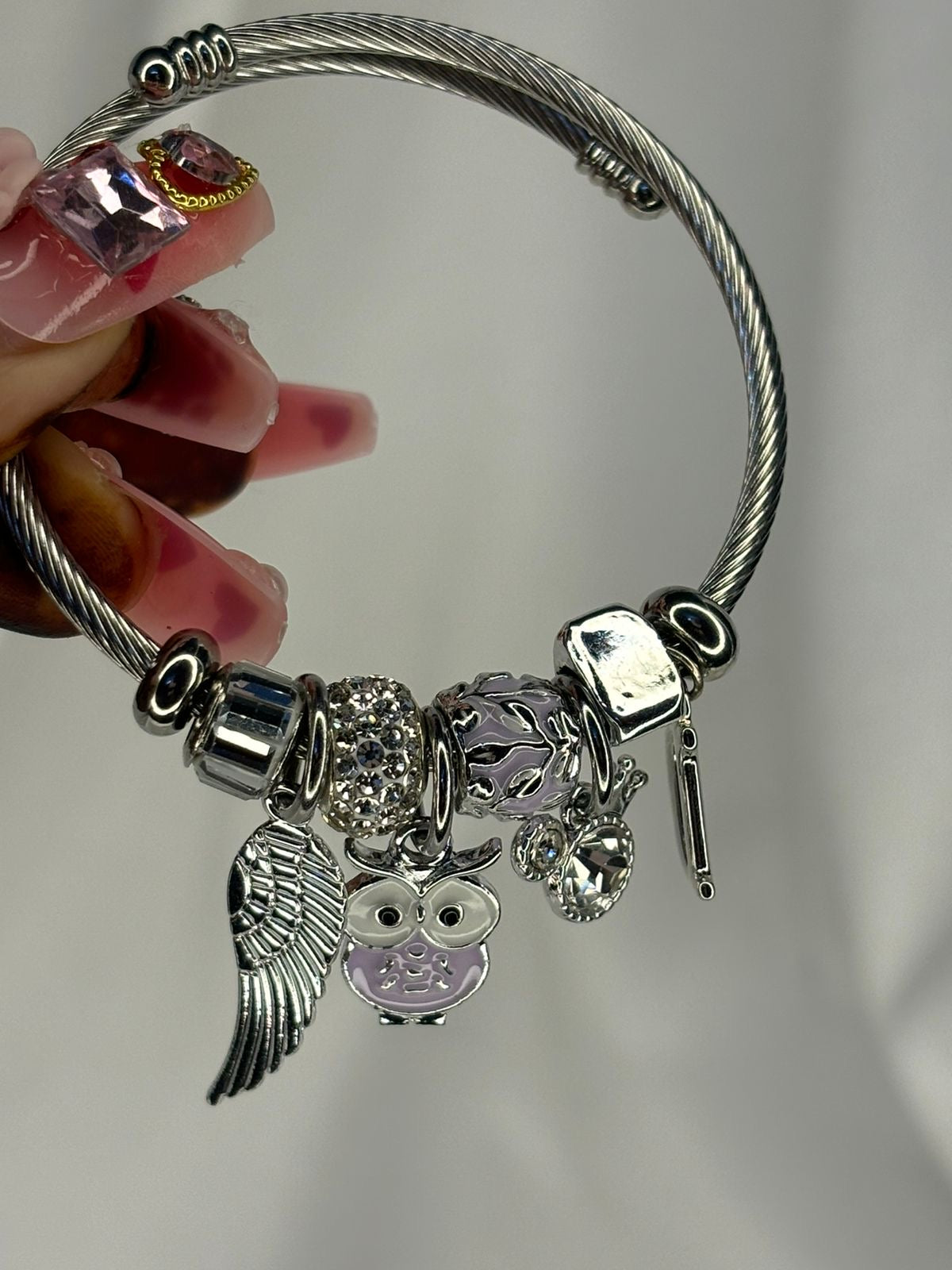 Charms Purple Owl Bracelet With Customised Initial ( Silver )