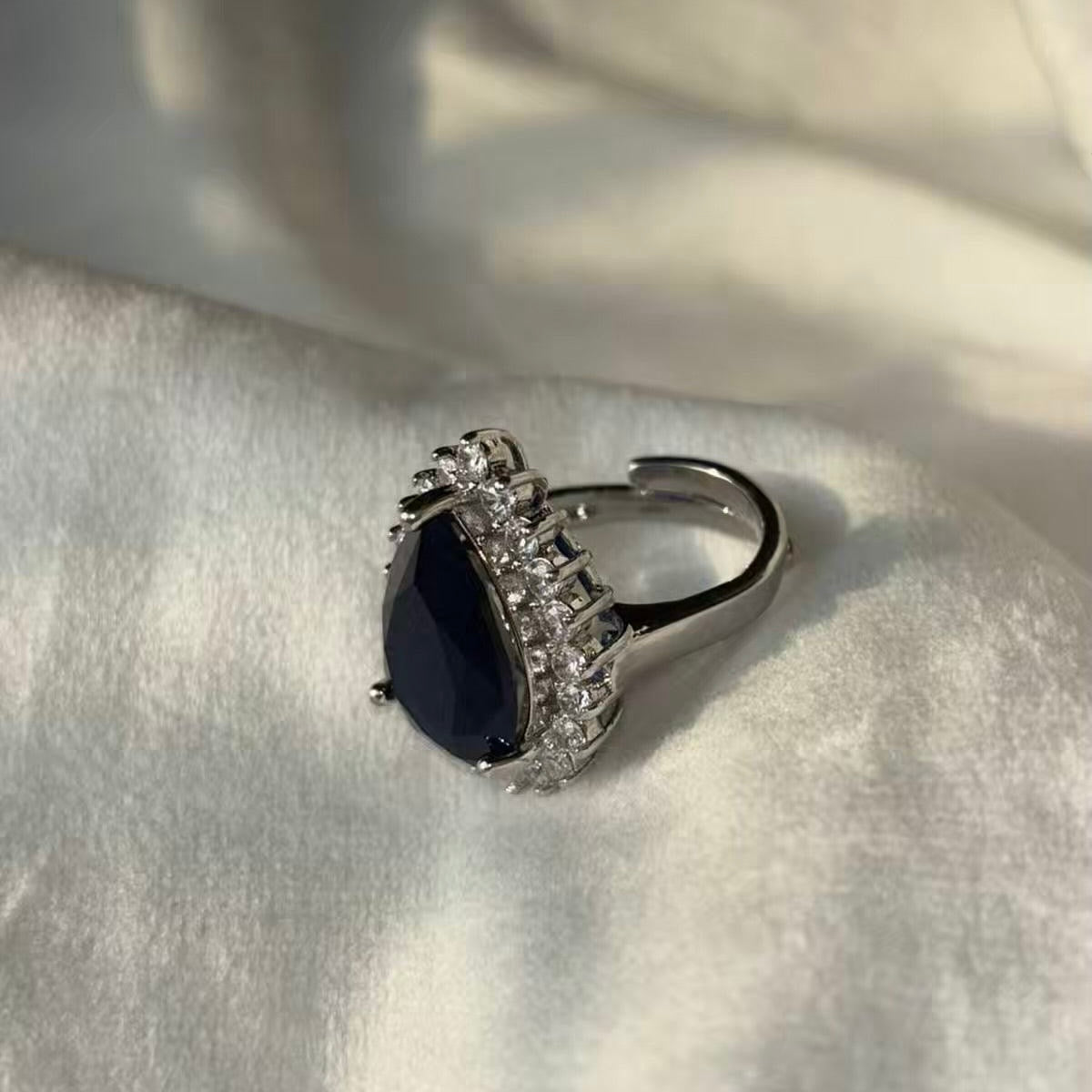 Blue Sapphire Solitaire Drop Ring - Adjustable