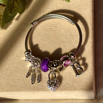 Purple Heart Dreamcatcher Charms Bracelet With Customised Initial ( Silver )