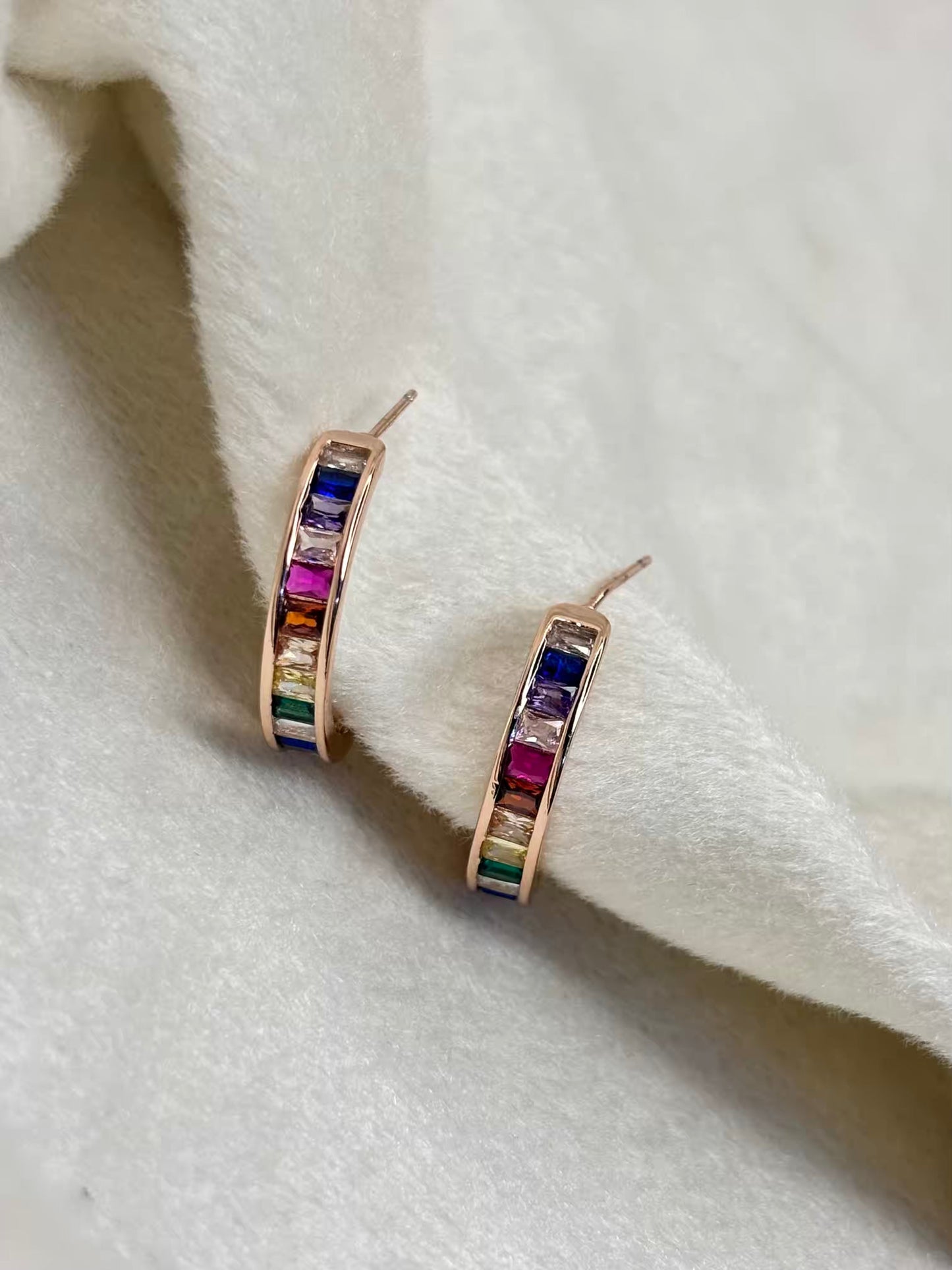 Multi Colourful Tennis Rainbow Huggies Earrings Studs - Rose Plated