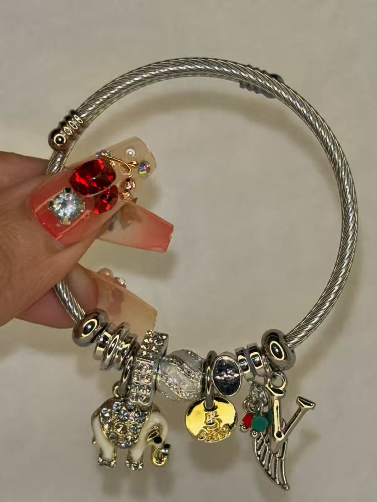 Charms White Elephant Bracelet With Customised Initial  ( Gold )