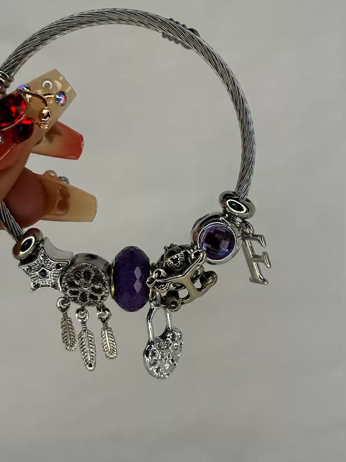 Charms Purple Dreamcatcher Bracelet With Customised Initial  ( Silver )