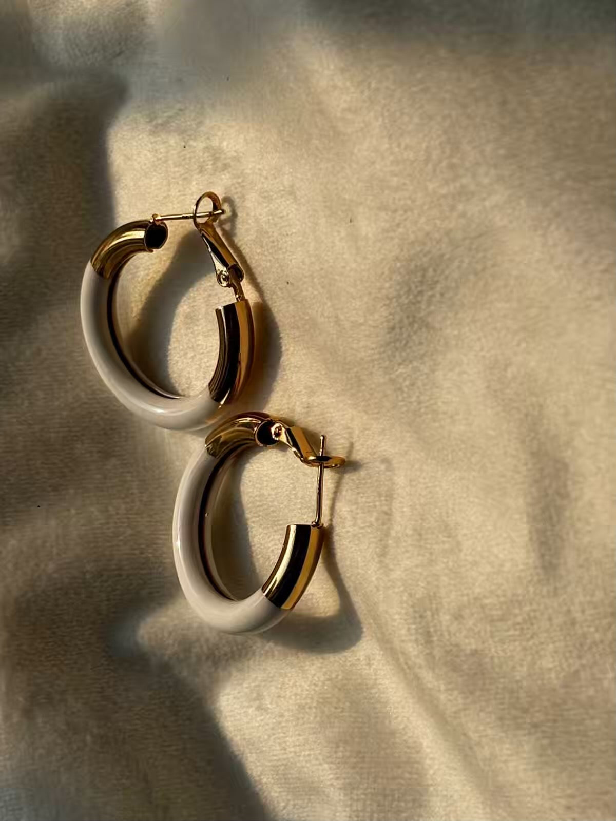 White Hoops Earrings Studs - 22k Gold Plated