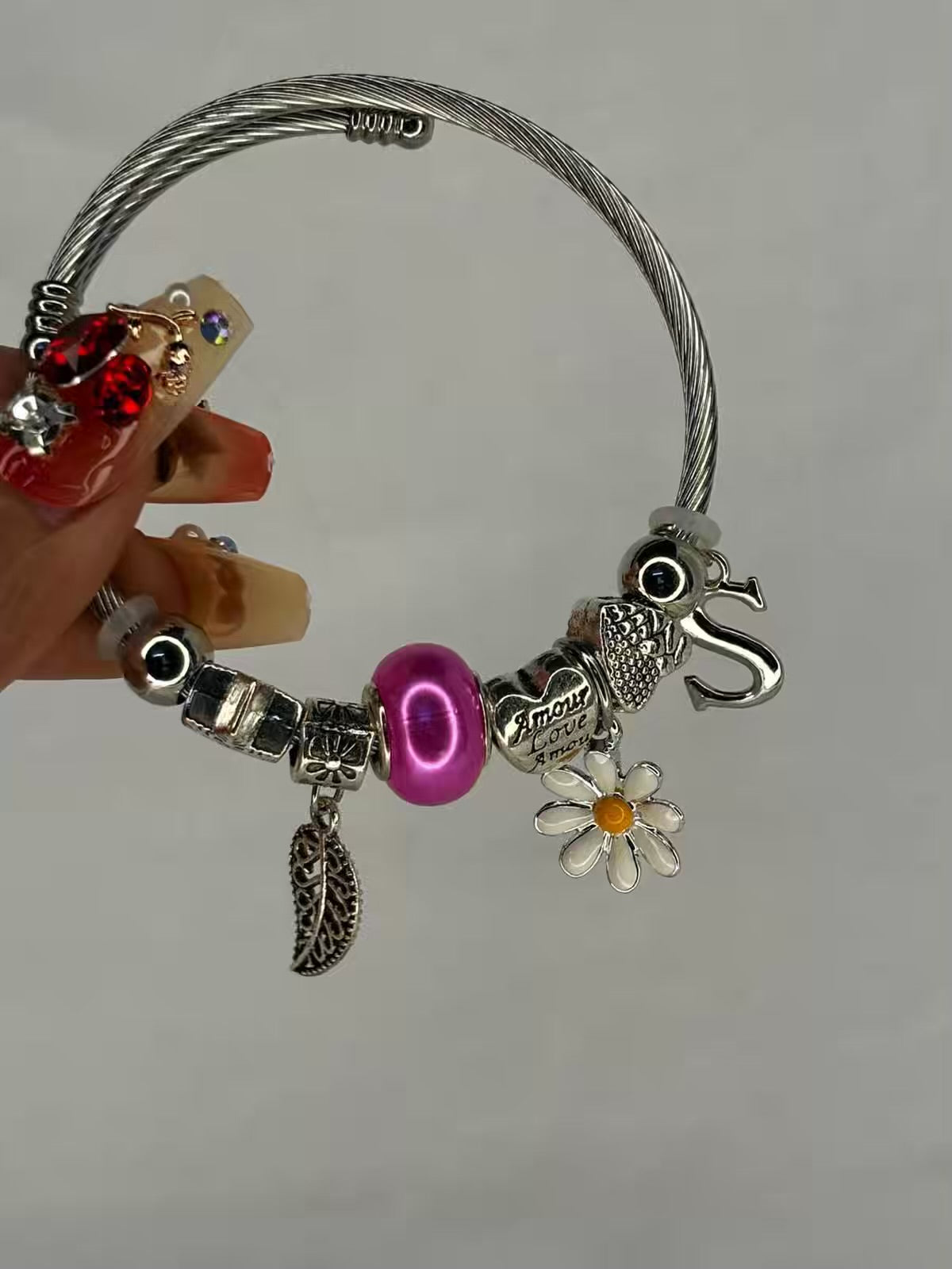 Charms Pink Sunflower Bracelet With Customised Initial  ( Silver )