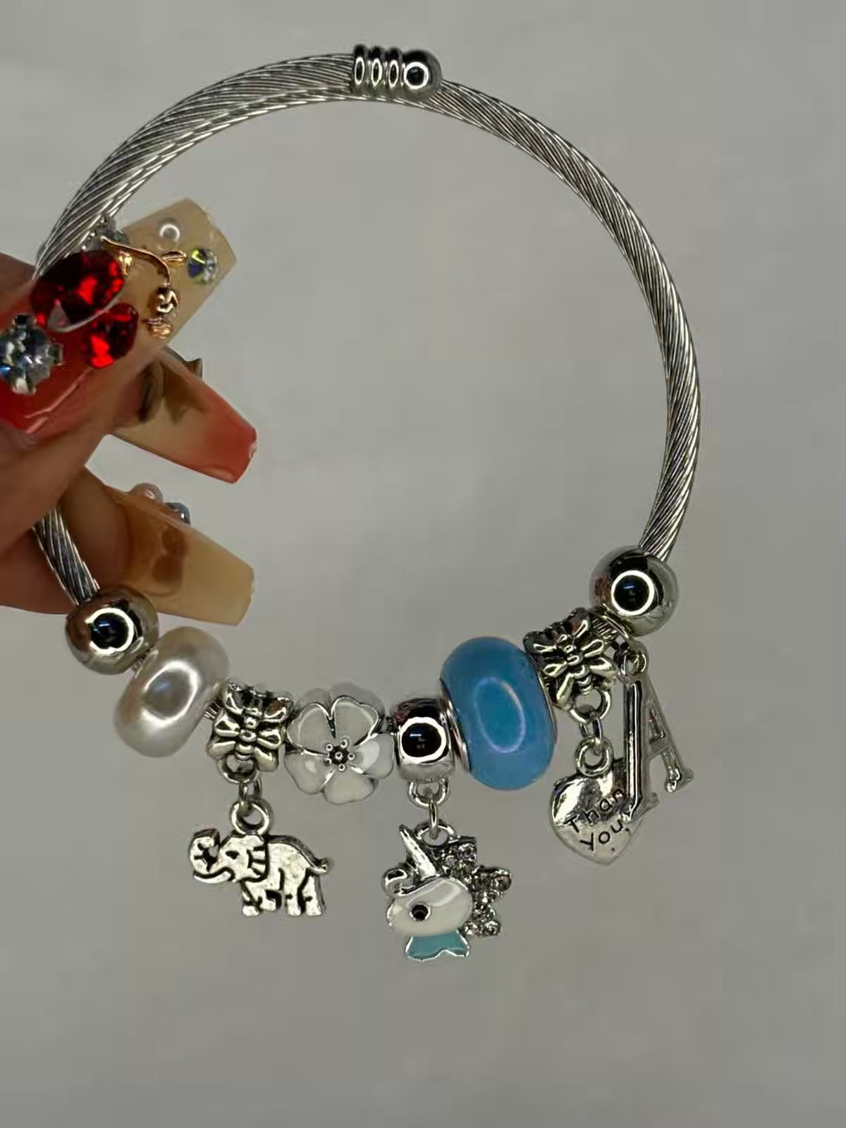 Charms Blue Unicorn Bracelet With Customised Initial  ( Silver )