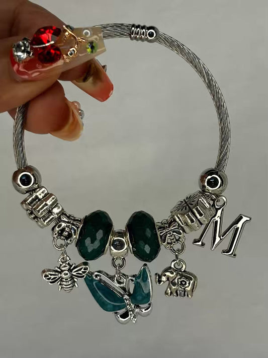 Charms Green Pearl Butterfly Bracelet With Customised Initial  ( Silver )