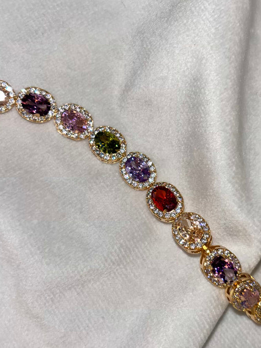 Colourful Oval Tennis Bracelet with Loaded Diamonds - Gold Plated