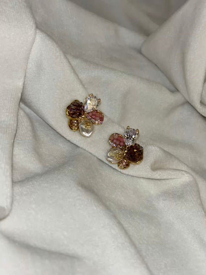 Flower Beads Pearls Earrings Studs - Gold Plated