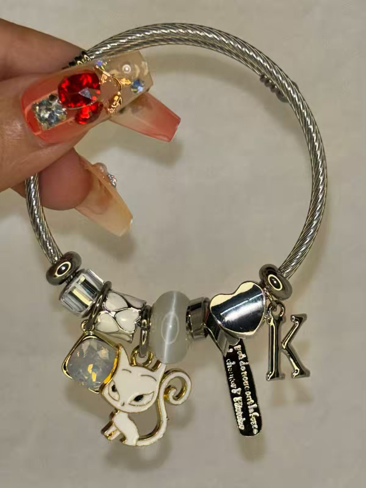 Charms White Fox Bracelet With Customised Initial  ( Silver )