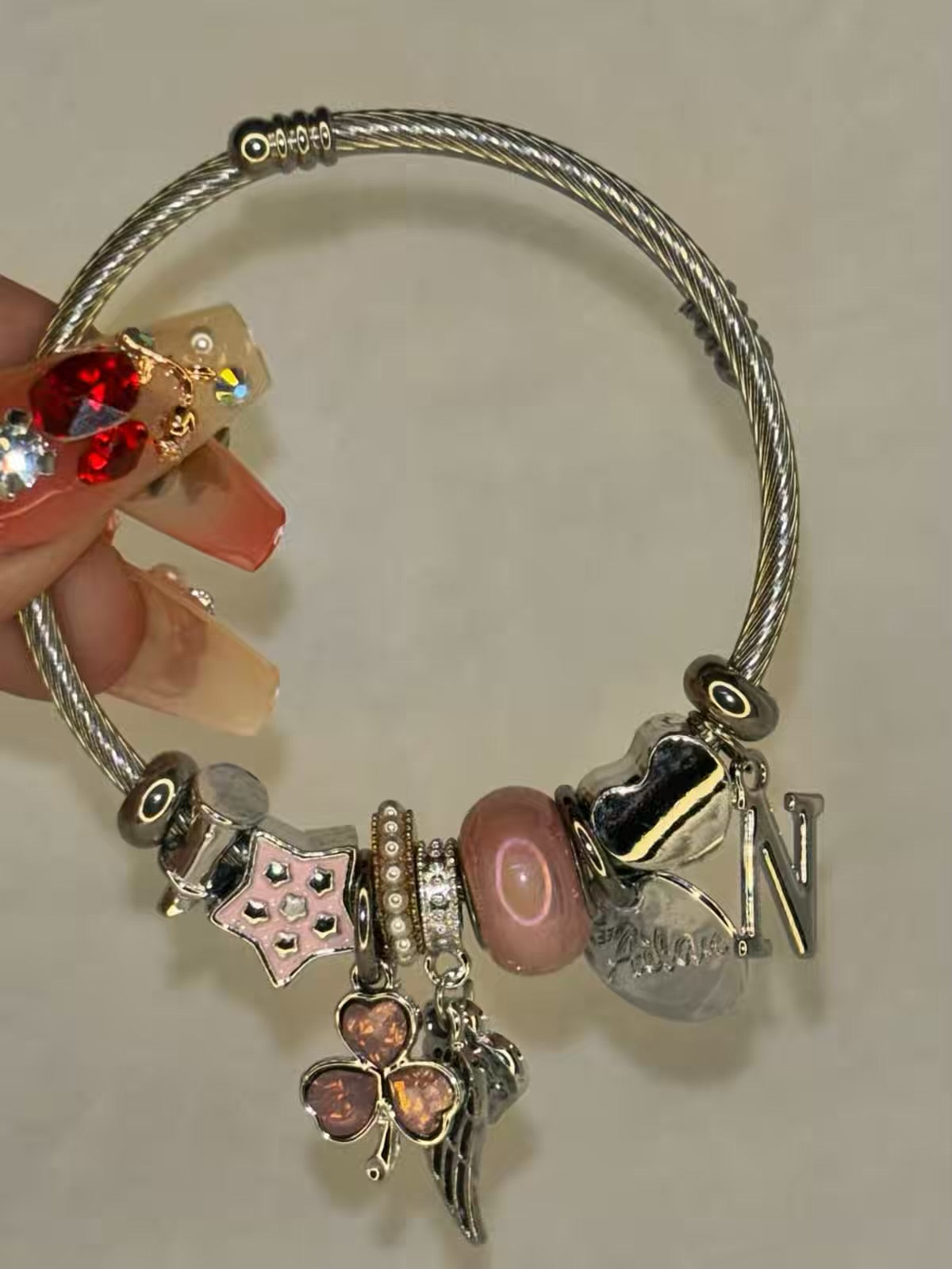 Charms Flower Bracelet With Customised Initial  ( Silver )