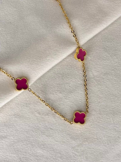 Magenta Pink 5 Clover Necklace - Gold Plated