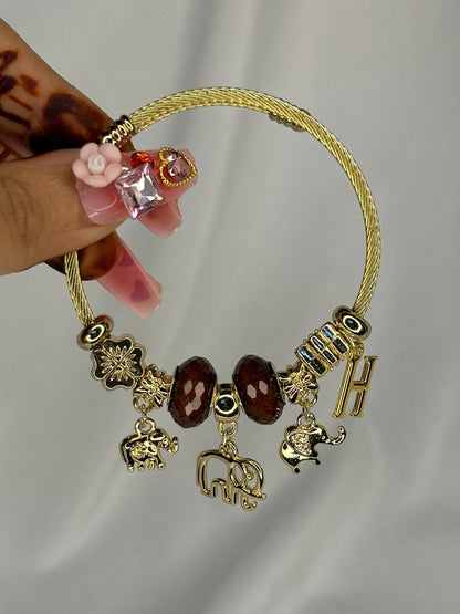 Charms Elephant Bracelet With Customised Initial ( Gold )