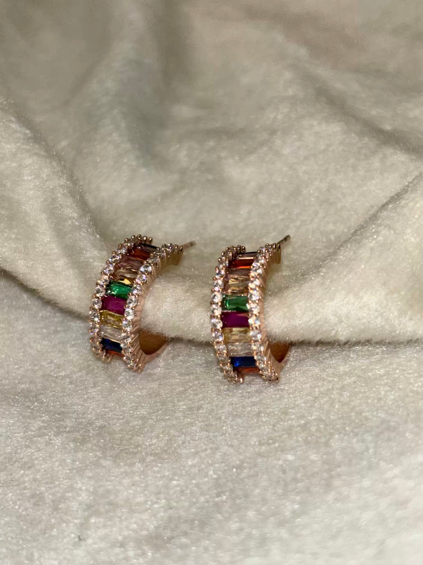 Colourful Rainbow Huggies Earrings Studs - Rose Gold Plated