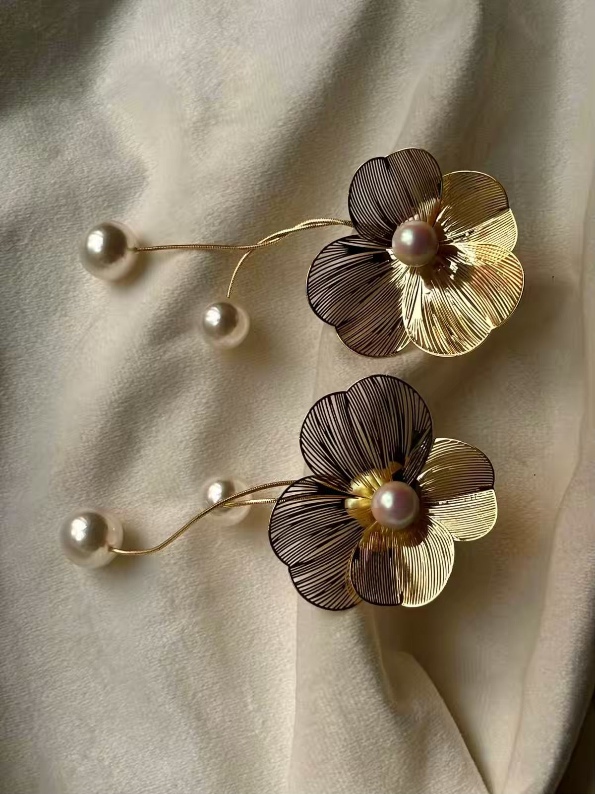 Flower Pearl Wire Earrings Studs - Gold Plated