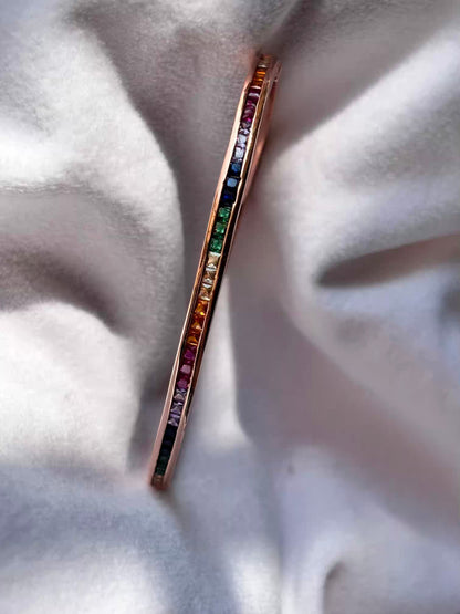 Minimal Rainbow Bracelet Tennis Bangle - Rose Gold