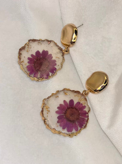 Magenta Pink Sunflower Pearl Earrings - Gold Plated