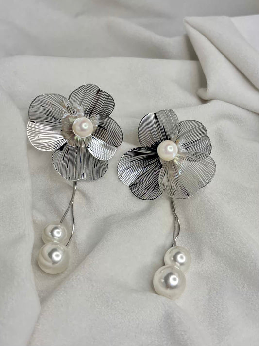 Wired Flower Fresh Pearls Earrings Studs - Silver Plated