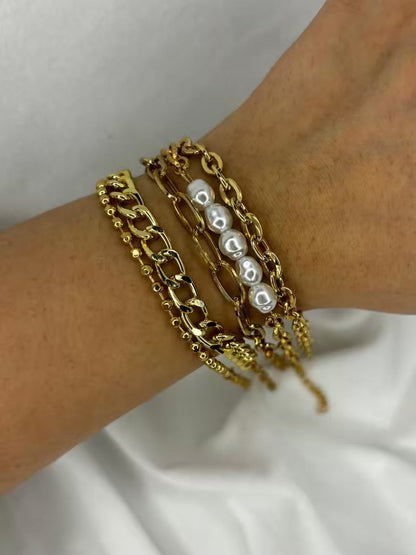 Pearly Chain Stacked Bracelet ( Gold )