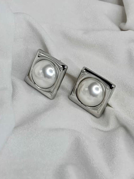 Silver Box Pearl Earrings Studs - Silver Plated