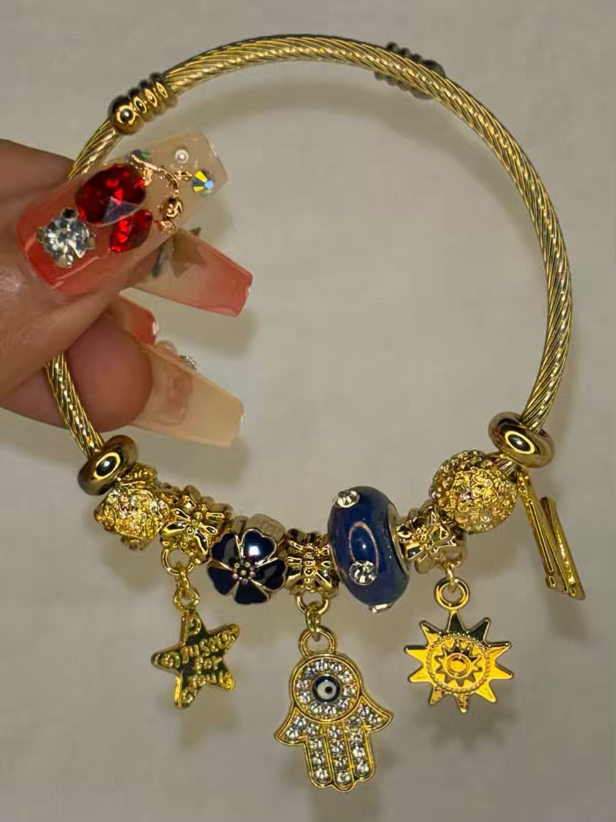 Charms Dark Blue Hamsa Bracelet With Customised Initial  ( Gold )