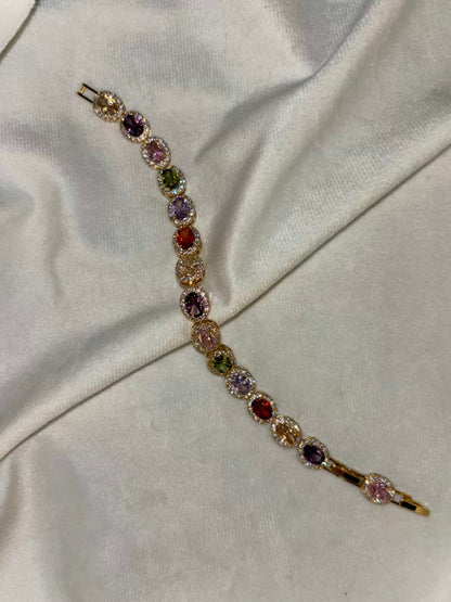 Colourful Oval Tennis Bracelet with Loaded Diamonds - Gold Plated