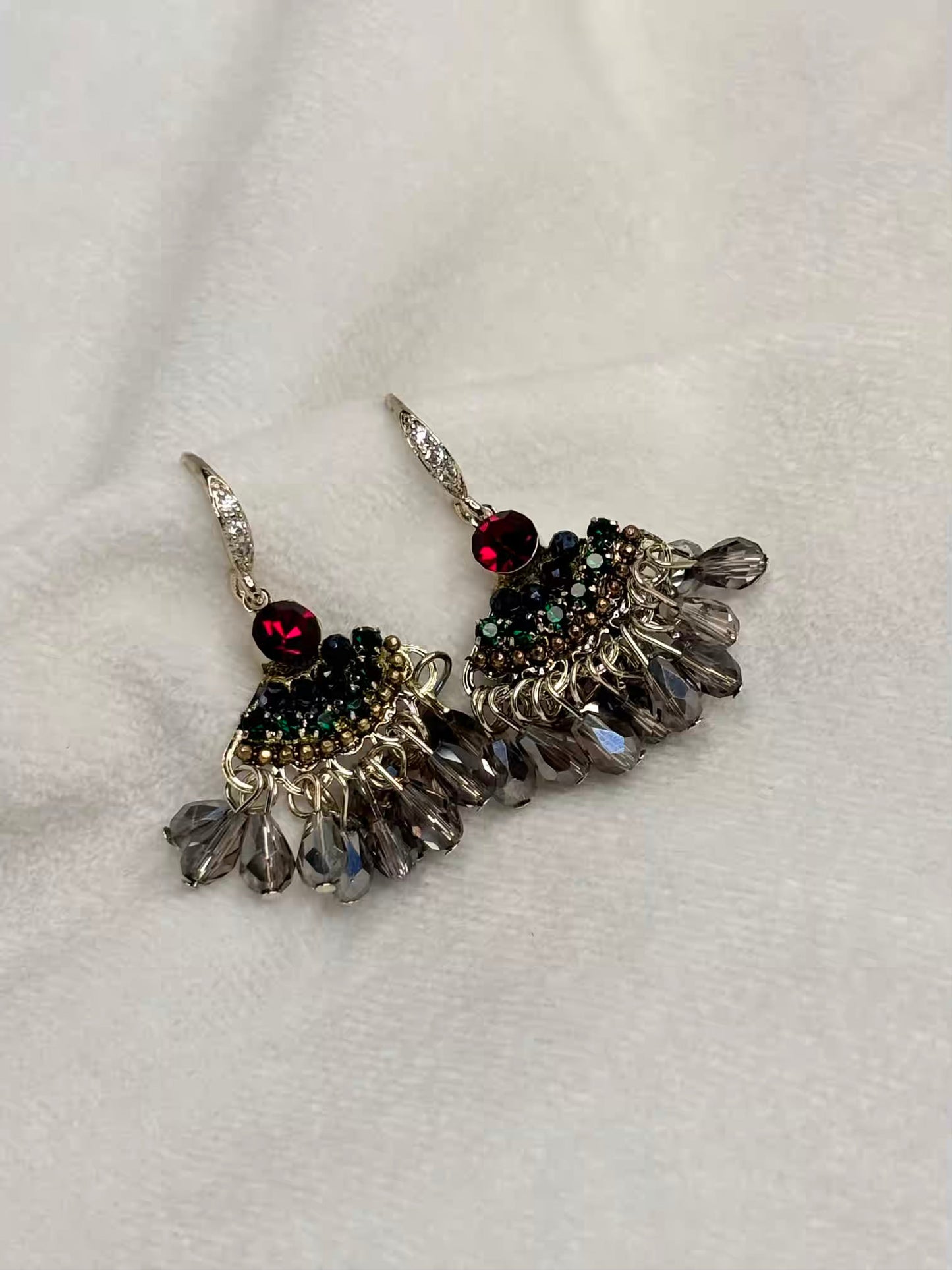 Black Red Dangle Earrings Studs - Silver Plated