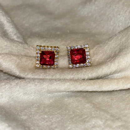 Red Ruby Square Stud Earrings