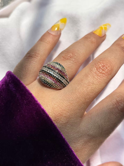 Silver Colourful Loaded Studs Cocktail Style Ring in Size 8 US