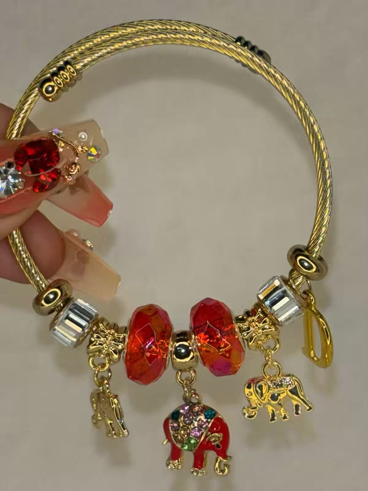 Charms Red Elephant Bracelet With Customised Initial  ( Gold )