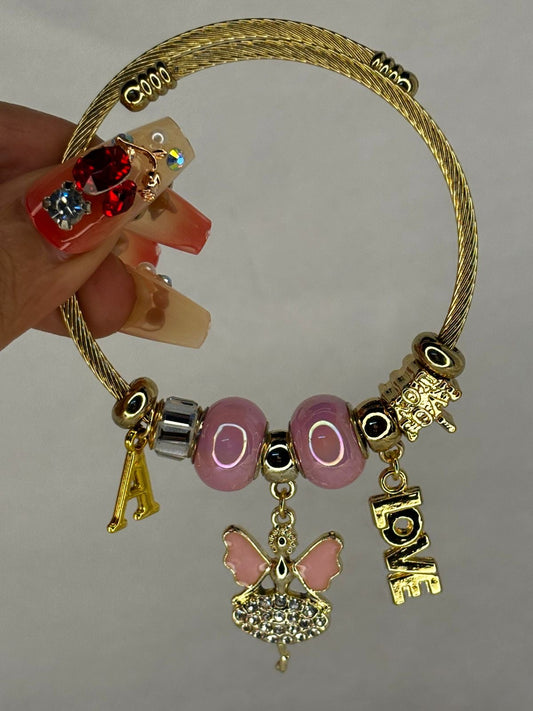 Charms Pink Fairy Bracelet With Customised Initial  ( Silver )