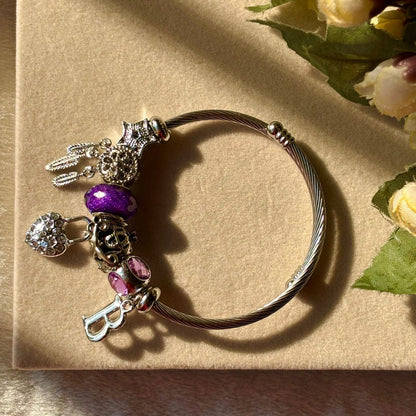 Purple Heart Dreamcatcher Charms Bracelet With Customised Initial ( Silver )