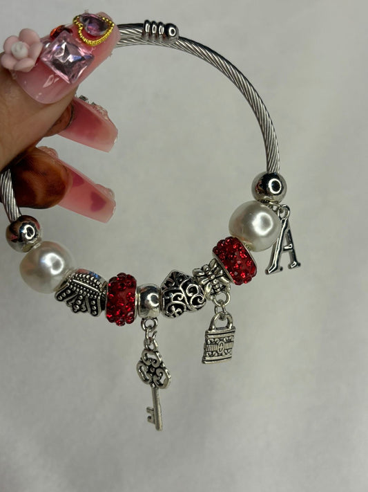 Charms Red Pearl Lock Key Bracelet With Customised Initial ( Silver )