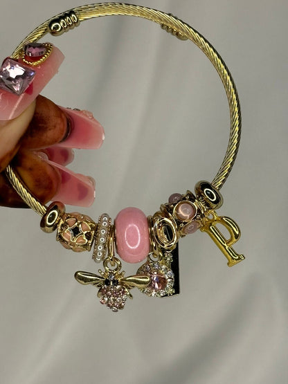 Charms Pink Bee Charms Bracelet With Customised Initial (Gold)