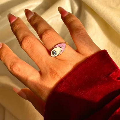 Pink Blue Evil Eye Studded Ring ( Gold )