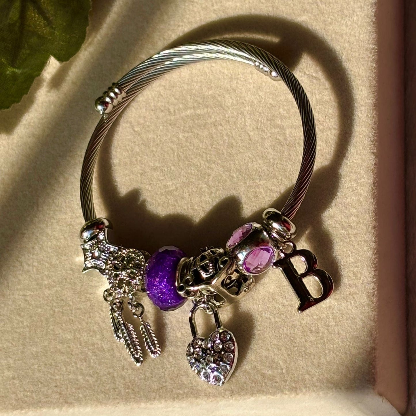 Purple Heart Dreamcatcher Charms Bracelet With Customised Initial ( Silver )