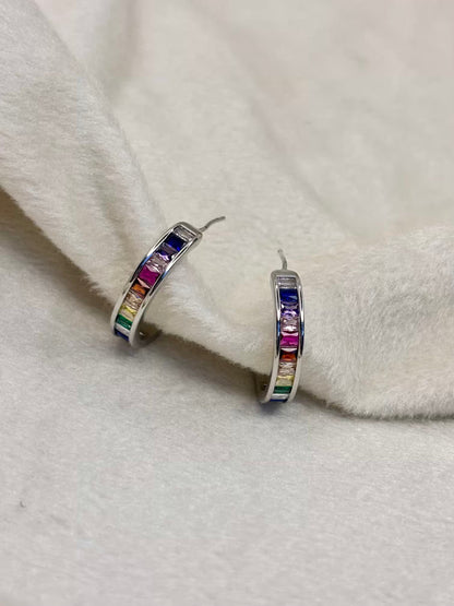 Multi Colourful Rainbow Tennis Huggies Earrings Studs - Silver Plated